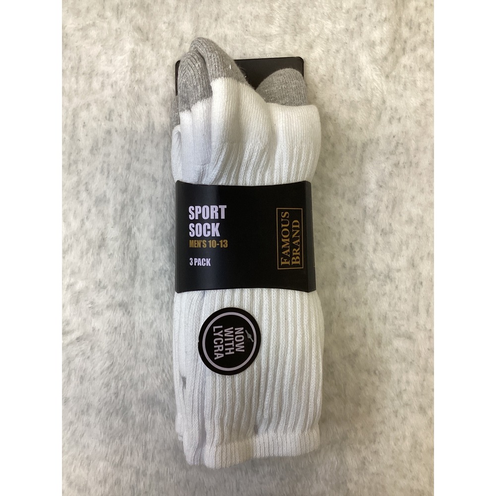 Famous Brand Mens 3 Pack Sport Crew Socks White Grey FB-03 Size 10-13